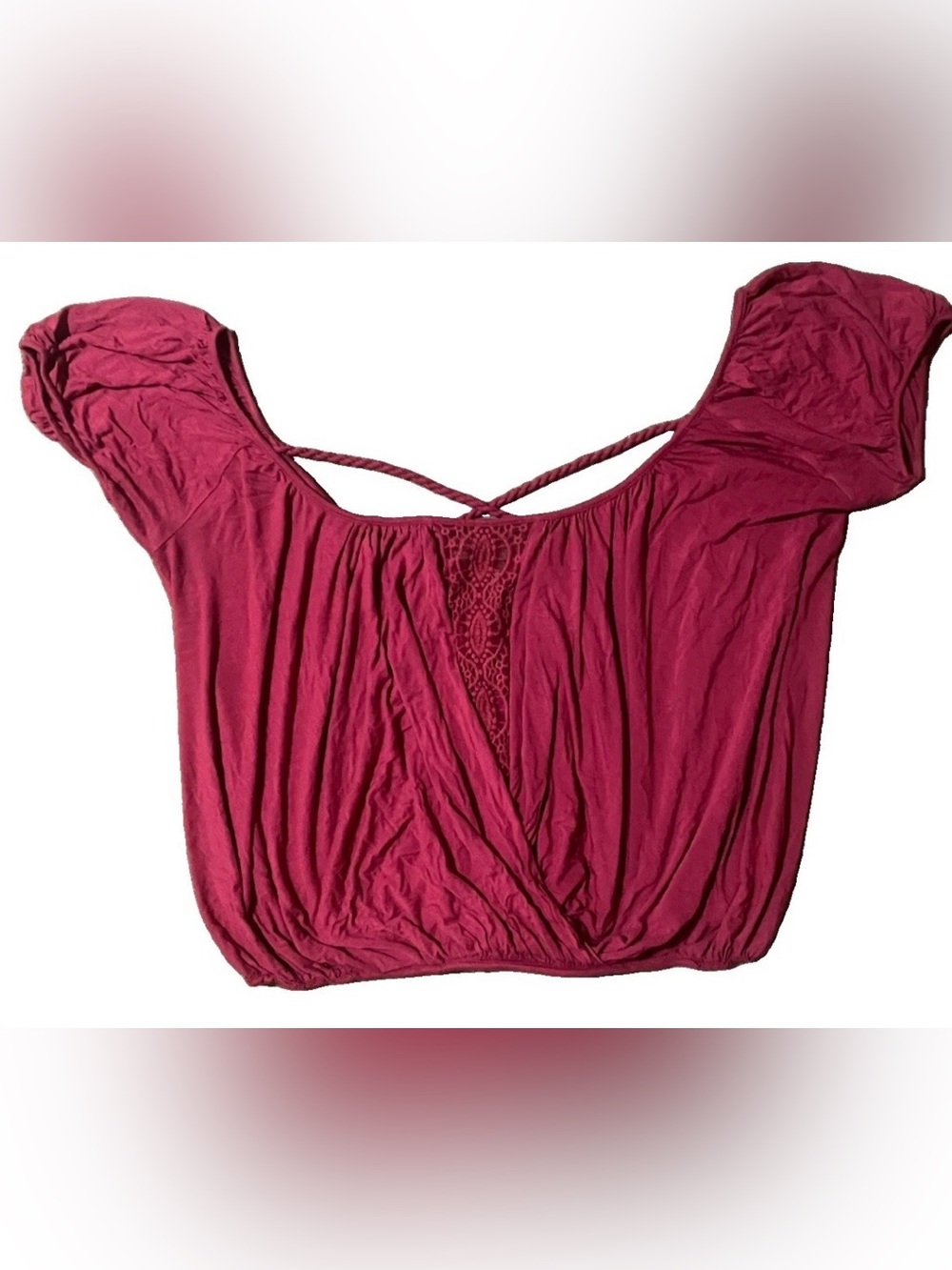 Free People Wine Crochet-Front Criss Cross Back Cropped Top